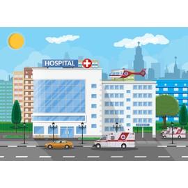 CORFOTO 8x6ft Fabric Cartoon Hospital Backdrop Photography Ambulance Helicopter Nursing School Doctor Office Background Kids Nurse Graduation Party Decorations Photo Shooting Booth Studio Props