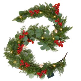 Rocinha 6.3FT Christmas Pine Garland with Lights, Holiday Pre-lit Artificial Pine Greenery Garland, Battery Operated with Timer, Lighted Christmas Garlands for Fireplace Holiday Decorations Indoor