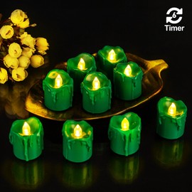Windshell Green Base Warm White Flickering Flame Electric Votive Candles (1.6" D x 1.8" H), 6H Timer/Melting Design, Battery Operated LED Flameless Tea Lights, Pack of 12