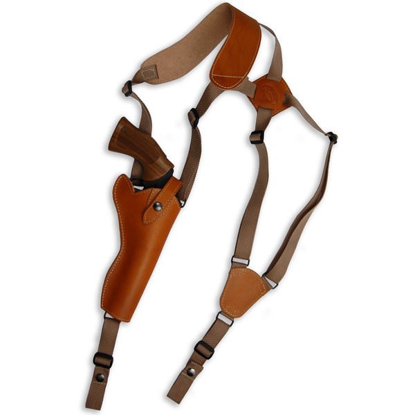 Barsony New Saddle Tan Leather Cross Harness Vertical Shoulder Holster for 6" 38 357 44 Revolvers (Taurus 66 607 627 Tracker, Right)