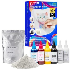 CISinks DTF Transfer Printing Kit: 20 A3+ Sheets Premium Matte Film, 500g DTF Adhesive Powder, 600mL CMYK + 2X White Ink for Vibrant, Durable Custom Prints on T-Shirts, Fabrics & More