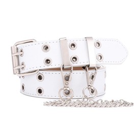 Grommet Leather Belts Y2K Punk Waist Belts PU All-Match Belt Rock Niche Design Belt with Detachable Chain Double Prong Buckle Vintage Jeans Belts for Women or Men(White)