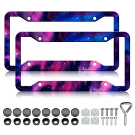 Galaxy License Plate Frames - 2 Pack Blue Purple Sky License Plate Holder, Stainless Steel Rust-Proof Waterproof Car Decorative Tag Frame with Screws Fasteners Caps