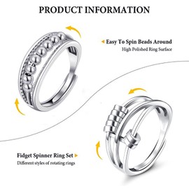 Pack of 3 Anxiety Fidget Rings, Silver Open Adjustable Spinner Rings, Adjustable Anti-Stress Rings, Adjustable Spinner Rings, Zirconia Rings for Women (A)