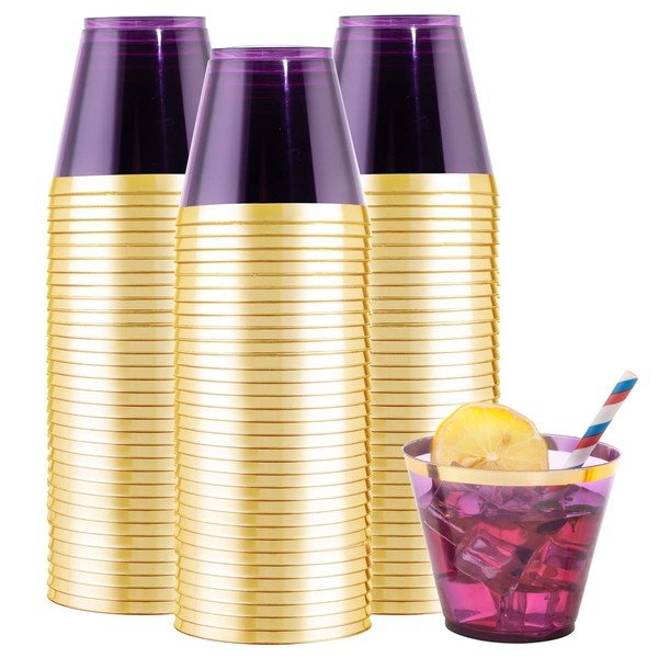 LUODA 150PCS Purple Plastic Cups,9oz Purple Disposable Cups with Gold Rim, Old Fashioned Tumblers Gold Rimmed Plastic Cups for Any occasion: Weddings, Parties, Business Events