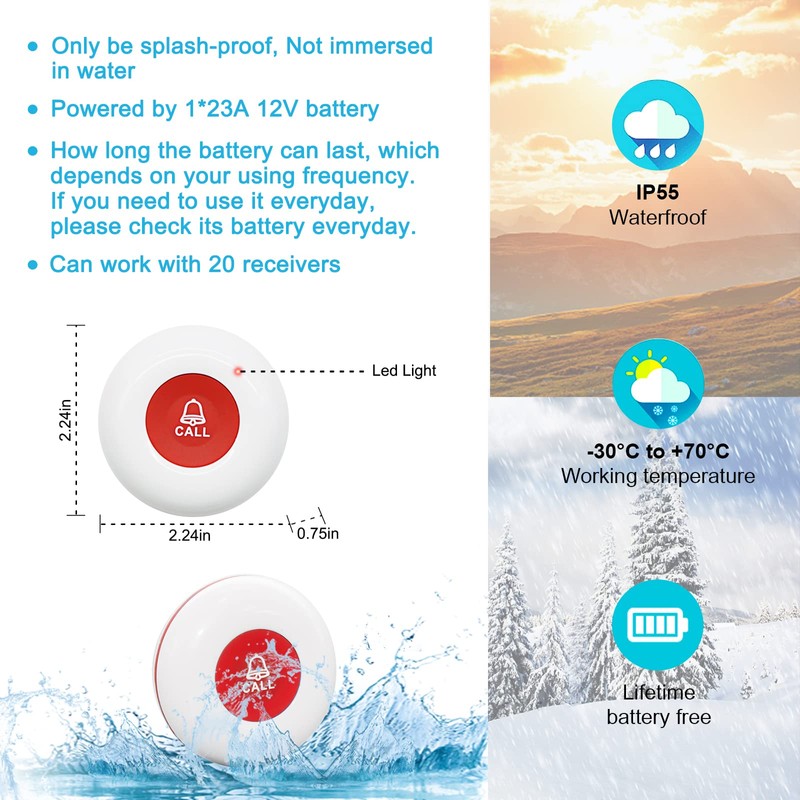 CallToU Wireless Caregiver Pager Waterproof Call Button Vibration Call Button