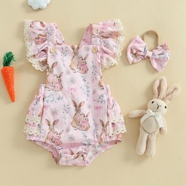 ZZLBUF Baby Girl First Easter Outfits Bunny Floral Ruffle Sleeveless Romper Bodysuit Jumpsuit Newborn Infant Summer Clothes (03- Rabbit Floral Pink, 3-6 Months)