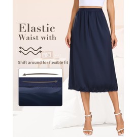 Vlazom Women's Satin Half Slips Lace Long Underskirt Soft Waist Slips for Under Dresses Long Skirt Petticoat,Navy Blue,XXL