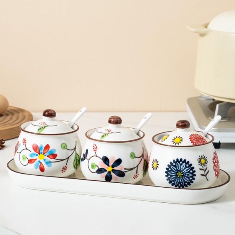 Mosuji Porcelain Sugar Bowls with Lids and Spoons,Ceramic Spice Jars