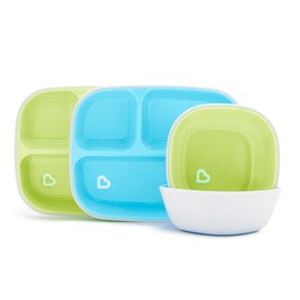 Munchkin Splash 4 Piece Toddler Divided Plate and Bowl Dining Set, Baby Feeding Set with 2 Baby Plates & 2 Baby Bowls, Baby Weaning Set with Dishes, Baby Plate Set for 6+ Months, BPA Free - Blue/Green
