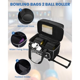 Aisthtea 2 Ball Bowling Bag with Wheels, Bowling Bags 2 Ball Roller - 1680D Reinforced Oxford, Bowling Ball Bag with Separate Shoe Compartment & Retractable Handle Extends to 40'' (Black and White)