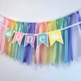 Easter Bunny First Birthday Banner, Pastel Rainbow Ribbon Backdrop, Baby Party Decorations