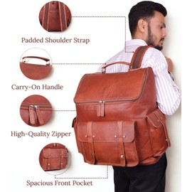 Brown Leather Backpack for Men – 17-inch Genuine Leather Laptop Bag, Vintage Travel Rucksack with Padded Straps, Large Capacity Carry-On for Office, College, Hiking & Airplane Travel