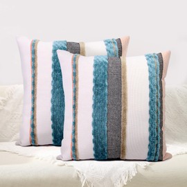 Boho Throw Pillow Covers18x18 Set of 2，Striped Chenille Pillow Covers ，Woven Tufted Farmhouse Pillows Cover with Textured Striped Cushion Case Neutral Pillow Cases Decorative Pillowcase for Couch Bed