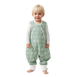 Duomiaomiao Sleeping Bag with Feet, 100% Cotton Sleeping Bag Baby 1.5 TOG Sleeping Bag with Legs All Year Round, Toddler Sleeping Bag 2-3 Years, Green Leaves