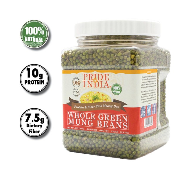 Pride Of India - Indian Whole Green Mung Gram - Protein & Fiber Rich Moong Whole, 1.5 Pound Jar