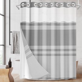 Nesphy No Hook Shower Curtain with Snap in Fabric Liner Set, Striped Grey Waffle Weave Ombre Heavy Duty Bathroom Curtain Set Sheer Mesh Top Waterproof Double Layers Hotel Style, 71x74 Inch