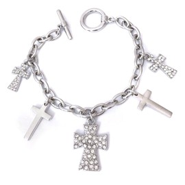 Gypsy Jewels Silver Tone 5 Cross Charm Clear Rhinestone Dangle Toggle Bracelet