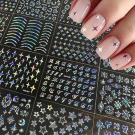 30Sheets Laser Silver Nail Art Stickers Aurora Nail Stickers for Nails Art 3D Self-Adhesive Silver Nail Decals Laser Sticker for Women Girls Acrylic Nails Manicure DIY