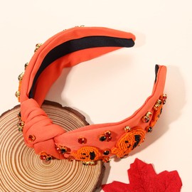 YAHPERN Women's Spooky Jeweled Rhinestone Crystal Knotted Wide Top Knot Embellished Headband Hair Accessories Gifts (Pumpkin 4)