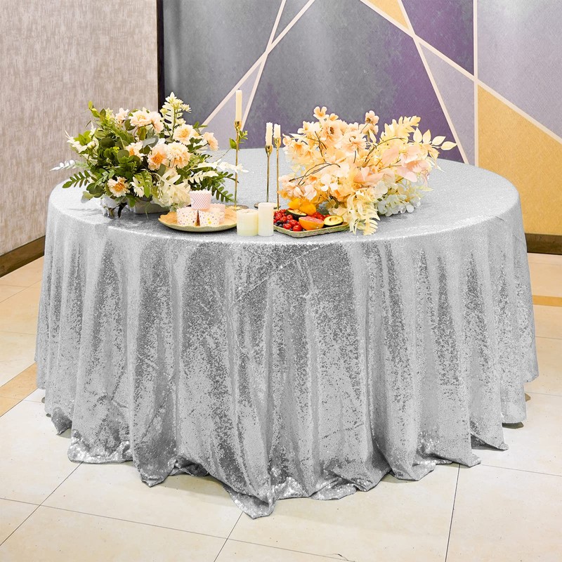 WISPET Silver Sequin Tablecloth 108" Round Sparkly Drape Table Cloths