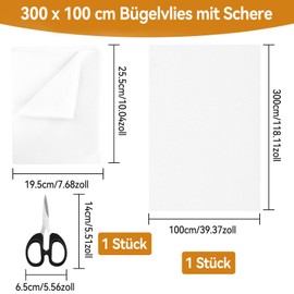 Annickee Bügelvlies, 300 x 100 cm Weiß Aufbügelbarer Einlagestoff mit Schere, Bügelflies Leichtes Gewicht Einseitig 50g/m², Vlies zum Aufbügeln für Bügelfalten, Nähhandwerk, Verstärkte Bekleidung
