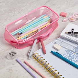 Soul Projekt Large Clear Pencil Case Pink, Make Up Travel Bag, Portable PVC Pouch Organizer for Students, Exam, Office, Art, School Supplies, Women, Girls, Boys, Stocking Filler, Cosmetic Toiletry Bag