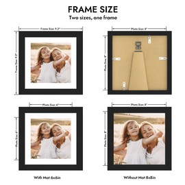 Hongkee 8x8 Picture Frame with Glass, Display Pictures 6x6 with Mat or 8 x 8 without Mat - Wall and Tabletop, 8 by 8 Photo Wooden Frames (Black, 1 Pack)