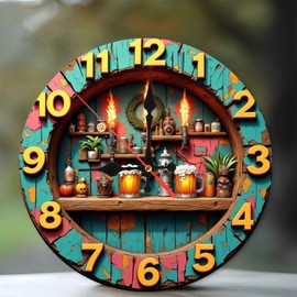 Lancholy Vintage Tiki Bar Beer Clock Wall Decor 10-Inch Wooden Wall Clock, Silent Movement, Battery Operated (AA Batteries Not Included), Artistic Home Decor, Perfect for Home Accents