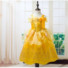 KANDEMY Girls' Princess Aurora Costume Sleeping Beauty Dress Belle Costume Princess Dresses Children's Birthday Fancy Dress Carnival Costumes Cosplay Fancy Dress Party Yellow 110
