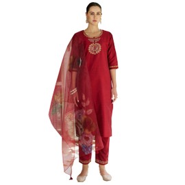 VredeVogel Women's Cotton Silk Embroidered Kurta with Pant & Organza Dupatta Set (Maroon_Medium)