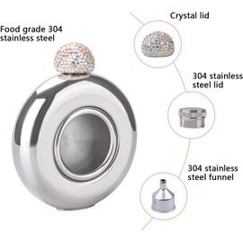 Stainless Steel Secret Drinks Smuggler Hip Flask with Alternative Crystal Lid & Funnel 3.5oz - Ideal for Parties, Festivals & Concerts (Glass Window)