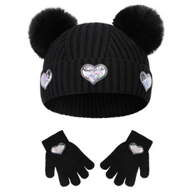 QKURT Kids Hat and Gloves Set, Girls Winter Warm Beanie Knitted Magic Gloves Heart Mitten Bobble Hat for Children 2-5 Years Old (Black)