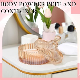 Tioncy 3 Pcs Extra Large Body Powder Puff and Container 5.43'' Powder Puff Crystal Container with 5.12'' Velour Powder Puff Body Puff Jar Dish Glass Box for Women Makeup Tool (Amber)