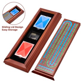 ELONGDI Wooden Cribbage Board Game Set with Large Storage Area,9 Metal Pegs & 2 Playing Cards Continuous 3 Tracks Cribbage Board Travel Portable Cards Games for Adults Family