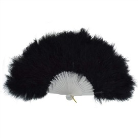 Axvxby Vintage 1920s Feather Fan - 25 White Feather Shafts - Elegant Hand Fan for Masquerade, Mardi Gras, Burlesque and Showgirl Costumes (Black)