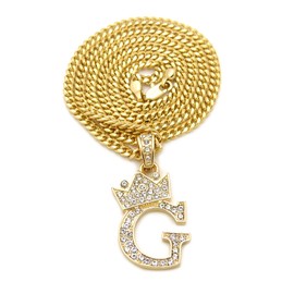 Fashion 21 Unisex Small Size Pave Crown Tilted Initial Alphabet Letter Pendant 3mm 24" Cuban Chain Necklace in Gold, Silver Tone (G - Gold Tone)