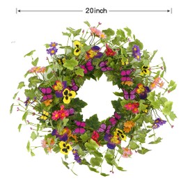 KORSMV 20 inches Artificial Spring Summer Wreath with Butterfly Yellow Pansy Flower Daisy and Ivy Leaves for Front Door Indoor Outdoor Home Farmhouse Porch Wall Holiday Decoration