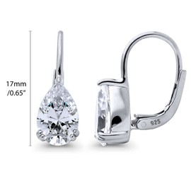BERRICLE Sterling Silver Solitaire 2.6 Carat Pear Cut Cubic Zirconia CZ Fashion Leverback Dangle Drop Earrings for Women, Rhodium Plated, Clear