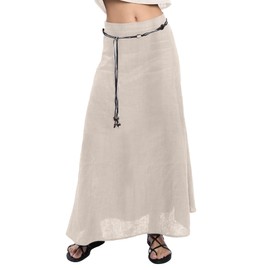 Amazhiyu Linen Womens Long Skirts, Summer Casual Pure Linen Skirt, A-Line Skirt with Decorative Belt Linen L