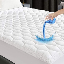 King Size Quilted Fitted Mattress Pad, 100% Waterproof Breathable Mattress Protector, Noiseless Cotton Alternative Filling Mattress Topper, Fitted 18" Deep, Dust Proof