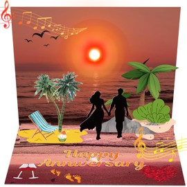 mountova Anniversary Card with Music and Lights, 3D Pop Up Happy Anniversary Cards for Women Men Wife Husband Couple, Beach Vacation Invitation Card for Him or Her