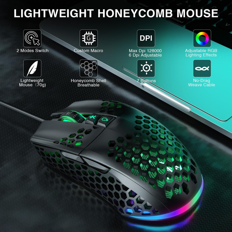 SOLAKAKA RGB Wired Gaming Mouse with Honeycomb Shell,Adjustable 12800 DPI,7