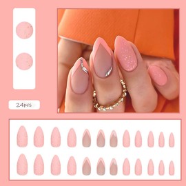 24Pcs French Tip Press on Nails Almond Shape Fake Nails Medium Acrylic Nails Orange Cute False Nails with Line Design Matte Artificial Nails Glue on Nails Medium Glitter Stick on Nails for Women