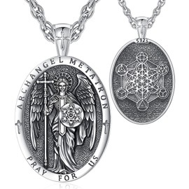 EUDORA Archangel Saint Metatron Cube Necklace for Men Women S925 Sterling Silver, Mens Guardian Archangel ST Metatron Medal Pendant for Protection Religious Jewelry Gifts for Men Womens, 22"+2"