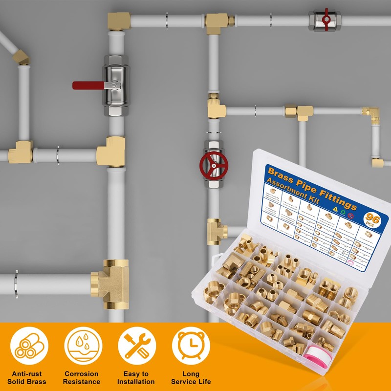 KOOTANS 96PCS Brass Pipe Fittings Assortment Kit - NPT Adapter,