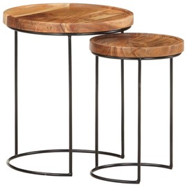 vidaXL 2-Piece Coffee Table Set - Solid Acacia Wood and Steel - Round Vintage Charm - Distinct Wood Grain Design - Convenient - No Assembly Required