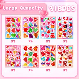 Psxuie Valentines Stickers, Valentines Heart Stickers for Kids, 318 PCS 1.57 Inch Self-Adhesive Large Valentines Love Stickers Decorative Sticker Labels Gifts for Valentine's Day School Crafts Party Supplies