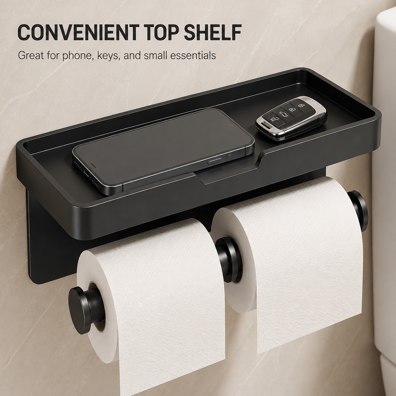 Dual Roll Toilet Paper Holder with Shelf – Black Aluminum