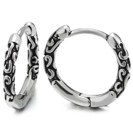 Men Womens Steel Vintage Tribal Huggie Hinged Hoop Earrings with Filigree Swirl(CA)